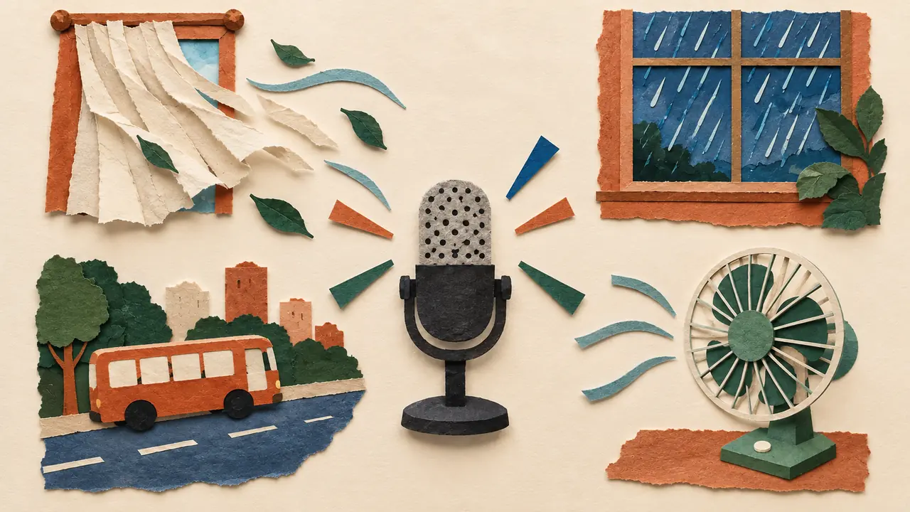 Start by identifying the type of noise — torn-paper collage of wind, rain, traffic, and fan noise surrounding a microphone.