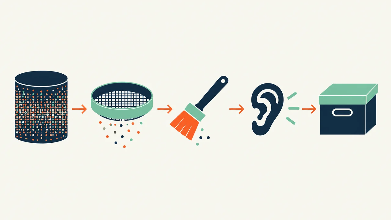 How to remove background noise from audio step by step — Swiss-style pictogram workflow showing raw recording, filtering, gentle cleanup, listening check, and archival export.