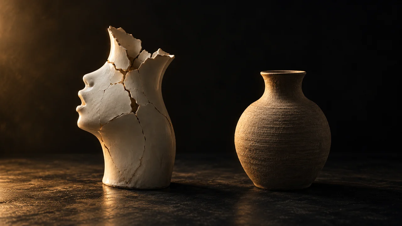 Decide whether cleanup or a re-record is the better choice — cracked porcelain voice vessel beside an intact clay vessel, illustrating when aggressive noise reduction can damage natural vocal quality.