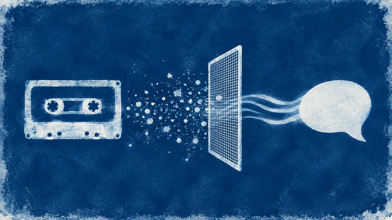 A practical test for voice-cloning source recordings — cyanotype-style cassette, filter grid, and clean speech form showing the value of clean source recordings.