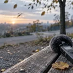 Field recorder on a park bench beside moving leaves and a distant road, illustrating ambient noise before recording cleanup.